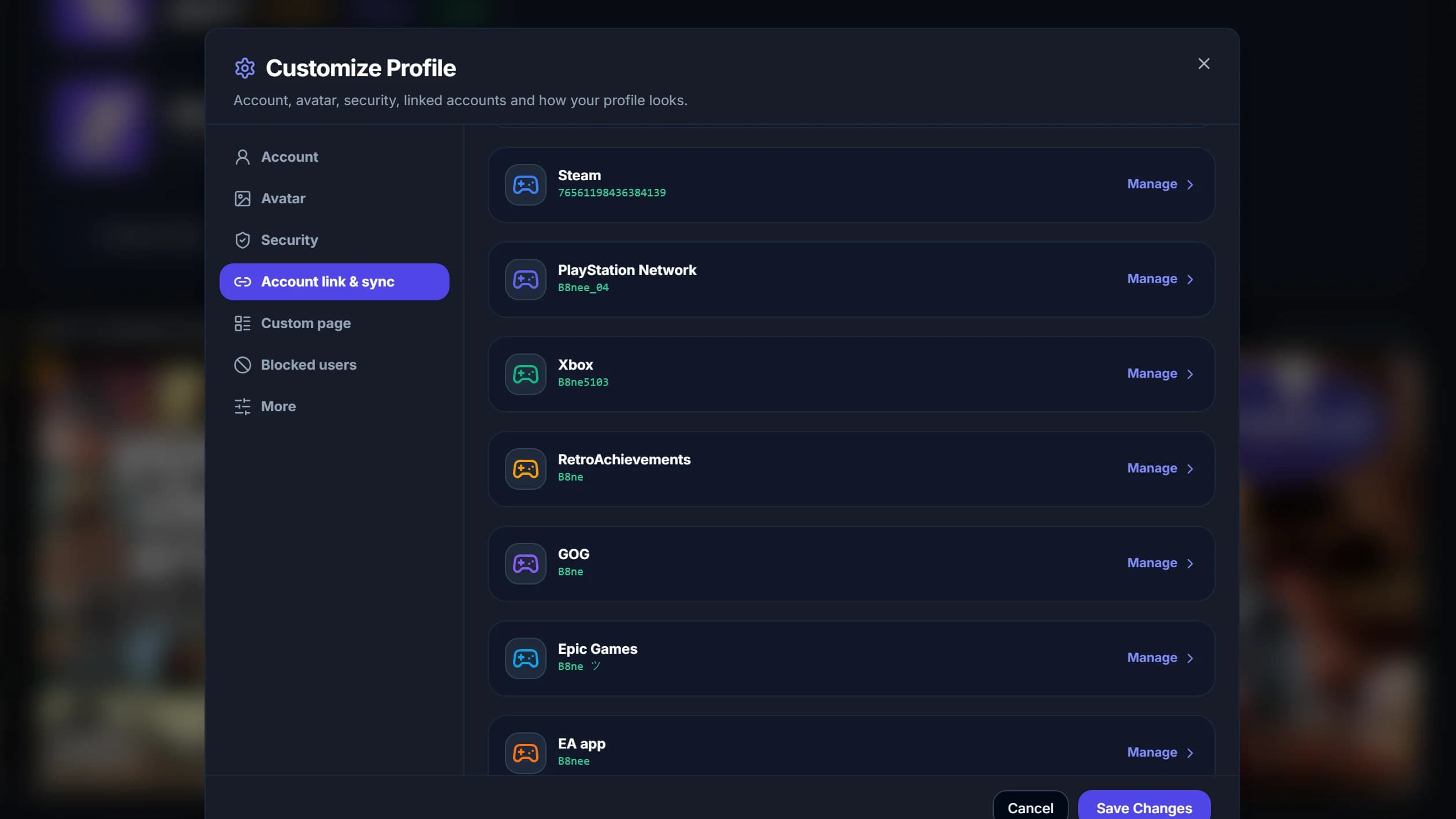 The linked accounts: Steam, PlayStation, Xbox, GOG, Epic and more