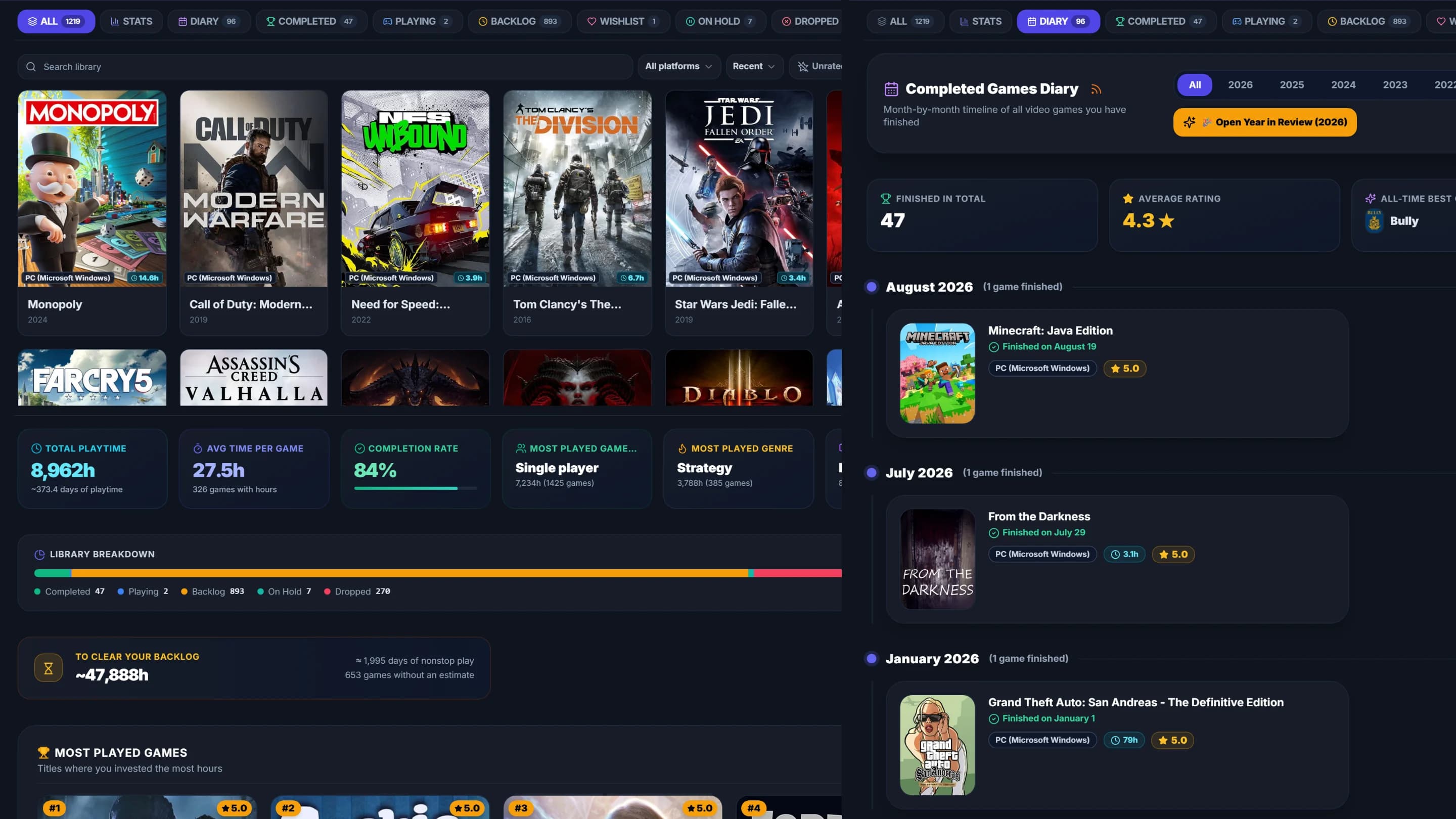 Library, stats and diary of GameTome on the same screen